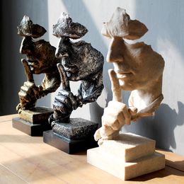 Decorative Objects Figurines Nordic Creative Silence Is Gold Statue Resin Thinker Sculpture Figurine Vintage Home Office Decoration Modern Art Resin Decor 230614