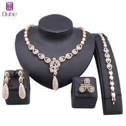 Dubai Gold Colour Nigerian Crystal Necklace Bracelet Earrings Ring Women Italian Bridal Jewellery Sets Wedding Accessories