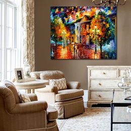 Stunning Landscape Canvas Art Autumn Day Hand Painted Urban Streets Painting Lobby Decor