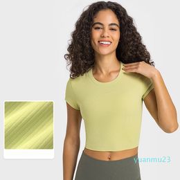 Womens lu Yoga T-shirt Summer Top Womens Ribber Round Collar Short Sleeve Crop Top Elastic Breathable Sports Fitness Solid Colour