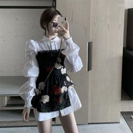 Women's Blouses Women Fashion 2pc Shirt Sets Puff Long Sleeve White Shirt&Flower Embroidery Tube Tops Female Chic Two Piece Outfits