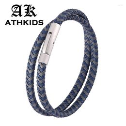 Charm Bracelets Fashion Blue Gray Mix Braided Leather Double Layer Bracelet Men Women Stainless Steel Snaps Unisex Jewelry Gifts PD0493