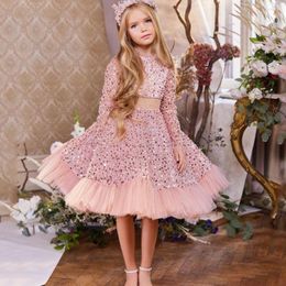 Girl Dresses Exquisite Sequin And Tulle Flower Dress Long Sleeve With Beaded Knee-Length Children Ball Gowns For Wedding Party Birthday