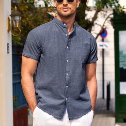 Men's Casual Shirts EEWOLDIA Men's Banded Collar Beach Shirt Cotton Linen Casual Button Down Short Sleeve Shirts 230613