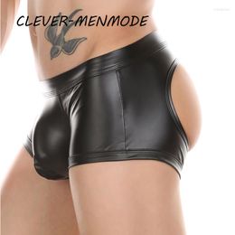 Underpants Men's Sexy U Convex Big Bag T Back Underwear PU Open Buttocks Boxers Men Breathable G-String Faux Leather Hip Panties