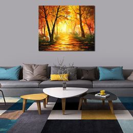 Stunning Landscape Canvas Art Golden Fall Hand Painted Urban Streets Painting Lobby Decor