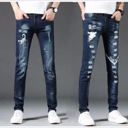 Men's Jeans Personalized Youth Embroidery Ripped Men Beggar Feet Pants Casual Stretch Blue Fashion