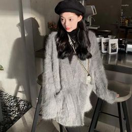 Women's Knits Winter Clothes Angora Mink Cashmere Cardigan Women's Medium Length Loose Thickness Warm Knitted Sweater Outwear JZ039