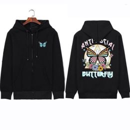 Men's Hoodies Harajuku Butterfly Printed Men Women Streetwear Casual Winter Warm Fleece Zip Up Sweatshirts Gothic Long Coats Jacket