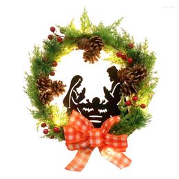 Decorative Flowers Christmas Door Wreath With LED Lighted Nativity Scene Battery Operated Artificial Pinecones Berries Bowknot Garland
