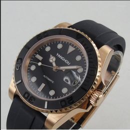 Wristwatches YANGHOU 40mm Rose Gold Watch Case Automatic Men's Miyota YM Brushed Ceremic Bezel Rubber Band