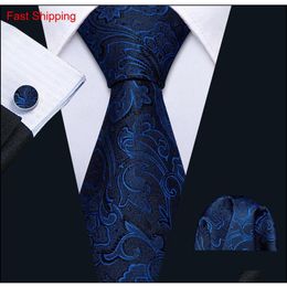 Fast Mens Ties 100% Silk Designers Fashion Navy Blue Floral Tie Hanky Cufflinks Sets For Mens Formal Wedding Party Groom 251H325I