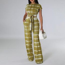 Women's Two Piece Pants Sexy Hollow Navel Tie Dyed Striped Print Jumpsuit Summer Women Fashion O-Neck Short Sleeve Belt Work Suit Elegant