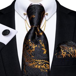 Neck Ties Luxury Black Gold Paisley Silk Ties For Men 8cm Men's Wedding Neck Tie Pocket Square Cufflinks Set Collar Pin Men's Gift 230613