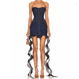 Casual Dresses Elegant Party For Women 2023 Summer Ruffle Edge Decoration Mini Skirt Cotton Denim Shoulder Exposed Long Y2k