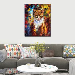 Textured Canvas Art Urban Animal Cat Handmade Knife Painting for Cafe Bar Wall