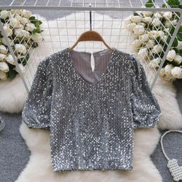 Women's Blouses Summer Korean Senior Sense Of Short-sleeved Version Heavy Flash Sequins Niche Thin Short French Tops