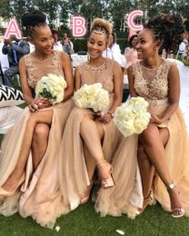 Aso Ebi 2023 Arabic Champagne Sexy Bridesmaid Dresses Lace Pearls Wedding Guests Dresses High Split Formal Party Evening Prom Gowns