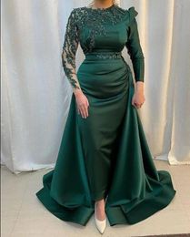 Hunter Green Muslim Evening Dresses with Detachabel Train crew long sleeves beaded applique lace Long Sleeve Prom Gowns mother dress