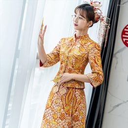 Ethnic Clothing Elegant Phoenix Embroidery Wedding Dress Traditional Women Mandarin Collar Marry Cheongsam