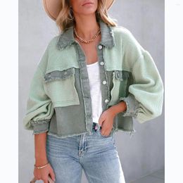 Women's Jackets Vintage Women's Patchwork Waffle Coat With Chest Pockets Button Down Front Cropped Jacket Outwear Spring Autumn Casual