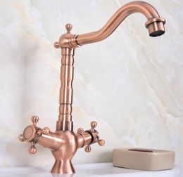 Bathroom Sink Faucets Antique Red Copper Basin Faucet 360 Swivel Spout Double Cross Handle Bath Kitchen Mixer And Cold Tap Lnf618