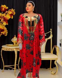 Ethnic Clothing 2023 Plus Size Red Print African Sequins Dress For Women Elegant Lady Wedding Party Gown Summer Nigerian Chiffon Kaftan Robe