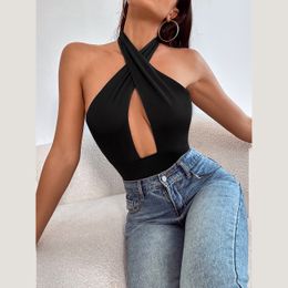 Women's Sexy Criss Cross Halter Neck Sleeveless Thong Bodysuits Tops Clubwear Solid sexy backless cross cut hollow neck jumpsuit for external wear