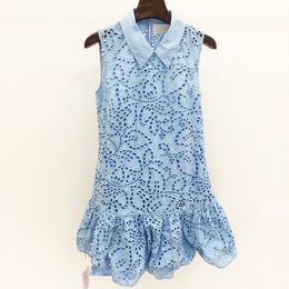 Casual Dresses S-elf Portrait Embroidered Hollow Blue Sleeveless Sweet Slim Dress