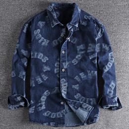 Men's Casual Shirts High Qulity Denim Shirt Men's Letter Print Vintage Youth Mans Coat Long Sleeve American Brand Overshirts Male 4XL