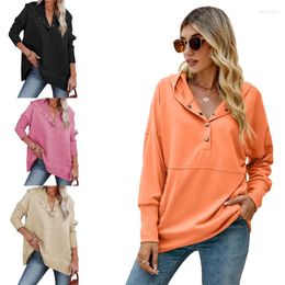 Women's Hoodies Women Casual Long Sleeve Button Up V-Neck Sweatshirt Oversized Loose Solid Colour Pullover Tunic Top With Pockets