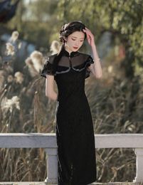 Ethnic Clothing Women Black Slim Cheongsam Retro Split Vintage Oriental Bodycon Qipao Party Dresses Vestidos
