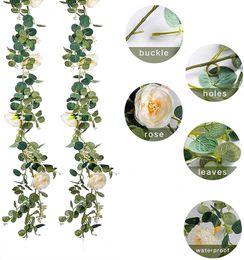 Dried Flowers 2M Artificial Silk Rose Gypsophila Garland Fake Eucalyptus Vine Hanging Plants for Wedding Home Party Table Decoration