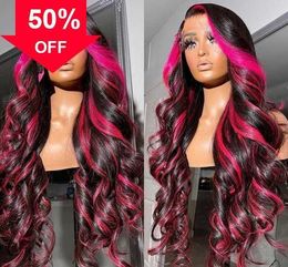 Human Hairplucked Hair Capless Wigs Synthetic 30inch Ombre Pink Color Body Wave Wig Pre Lace Front for Black Women