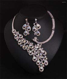 Chains European And American Full Diamond Colored Gemstone Peacock Necklace Earrings Set Temperament Banquet Bride Dress Accessories