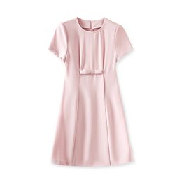 2023 Summer Pink Solid Colour Bow Dress Short Sleeve Round Neck Short Casual Dresses W3L040209