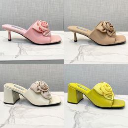 Luxury High-Heeled Slippers Designer Sandals Women Sliders Fashion Rose Flower Triangle 5.5CM Stiletto Heels Party Shoes Summer Beach Slides With Box