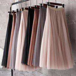 Skirts Ummer Korean Style Women Swing Long Skirt Pleated Lace Mesh Sweet Loveliness Lady High Waist Ball Gown