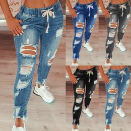 Womens Jeans Drawstring Denim for Women Ripped Hole Stretch Jean Ladies big size Full Length Pencil Pants 230614