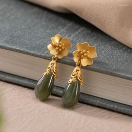 Dangle Earrings Original Ancient Gold Craftsmanship Inlaid Orchid Natural Hetian Jade Chinese Style Elegant Ladies Silver Jewellery