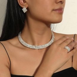 Necklace Earrings Set 4Pcs/Set Extension Chain Bracelet Ring Adjustable Multi Rows Full Rhinestone Women Choker Jewellery