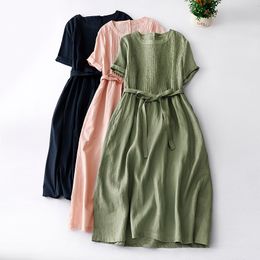 Limiguyue Solid Cotton Linen Women Dress Short Sleeve Breathable Pleated O Neck A-Line Casual Summer Dresses Korean Clothes