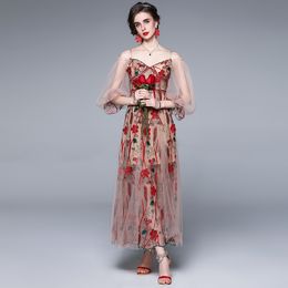 Embroidery Floral Mesh Women's Dres Female Summer Elegant Party Lady