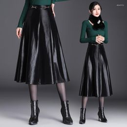 Skirts Black Skirt Women Large Pleated Umbrella High Waist A-line PU Leather Medium Length 2023 Autumn Winter Clothes