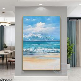 Pinturas abstratas paisagem decoração cartaz desenhado à mão céu azul parede do mar lona de arte pendurada imagem pintura a óleo acrílico sala de estar varanda