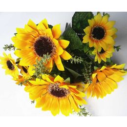 Dried Flowers Heads Yellow Silk Sunflower Artificial Branch/Bouquet for Home Office Party Garden Hotel Wedding Decoration