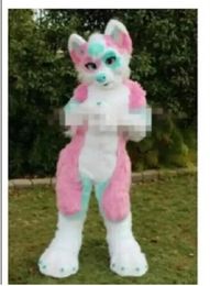 2023 Profession made Pink Long Fur Furry Fox Wolf Husky Dog Mascot Costume Fursuit Adult Cartoon Christmas party
