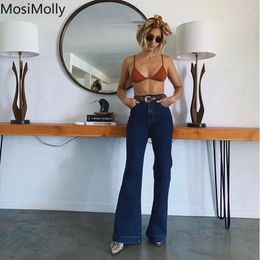 Women's Jeans MosiMolly Women Denim Washed Blue Long Pants Grey Flare Cool Trousers Bottom Vintage