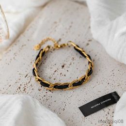 Bracelets Luxury Designer Mental Leather Bracelet for Women Stainless Steel High-class Gold Color R230614