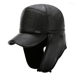 Cycling Caps High Quality PU Leather Hats Winter First Layer Cowhide Warm Earmuffs Bomber Plus Velvet Thicken Man Bone Dad Hat